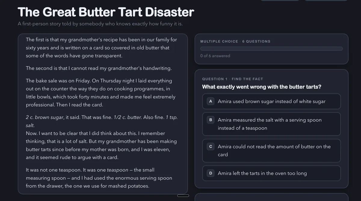 An original reading passage beside its multiple-choice comprehension questions