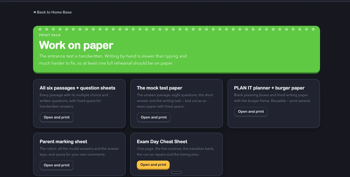 The print pack: passages, mock test paper, planner, parent marking sheet and cheat sheet