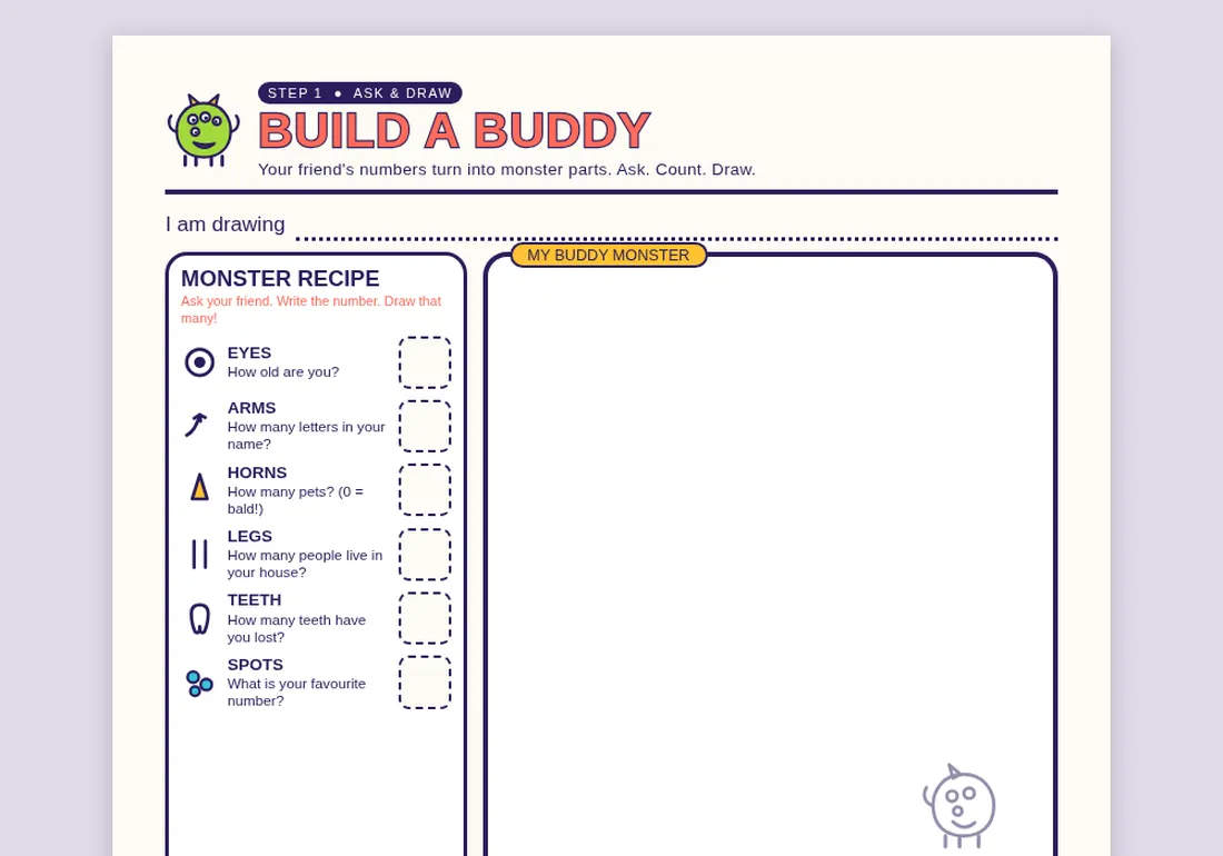 The Build a Buddy monster recipe page