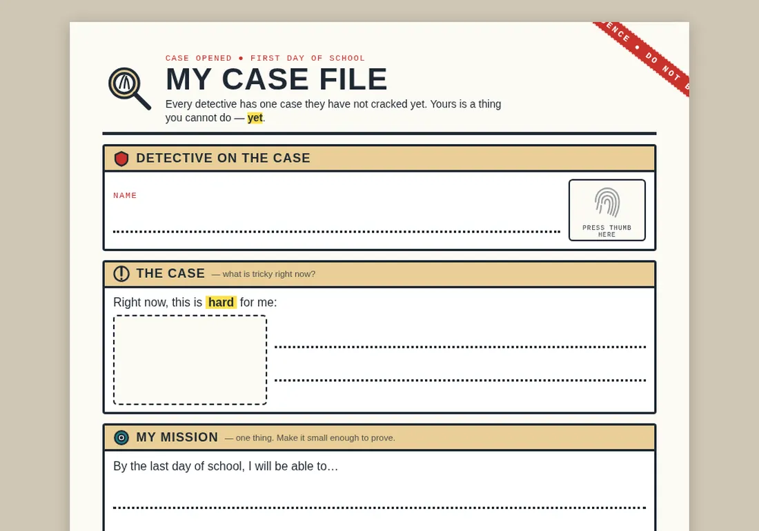 The My Case File goal-setting page, laid out as a detective case file