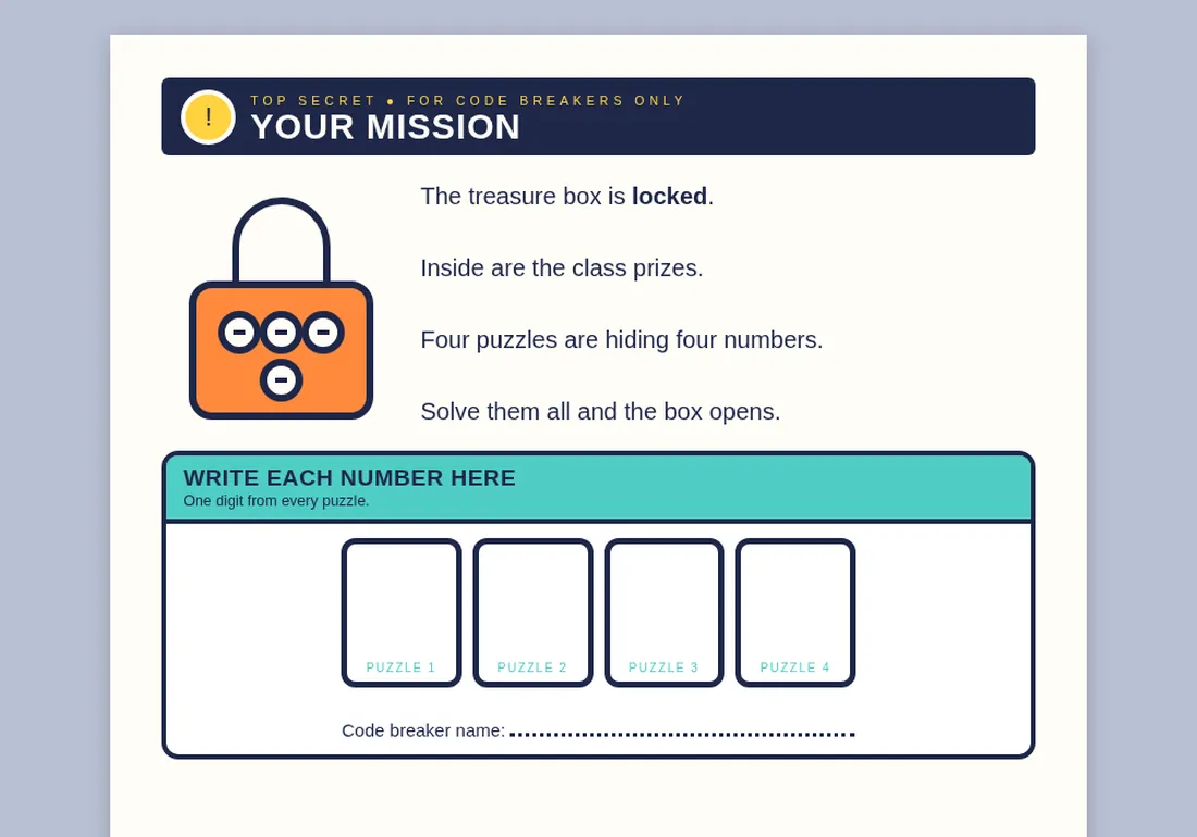 The escape room mission page — the treasure box is locked, four puzzles hide four numbers