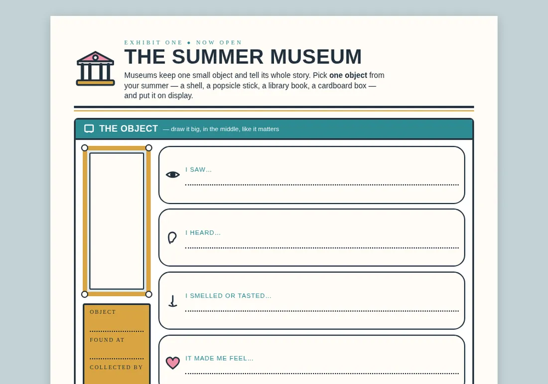 The Summer Museum exhibit page, with prompts for what the child saw, heard and smelled