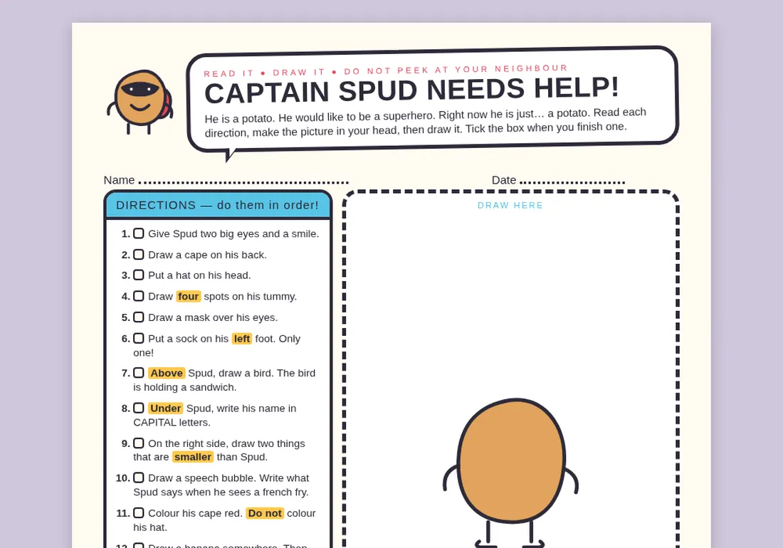 The Captain Spud follow-the-directions page, with twelve numbered directions and a drawing box