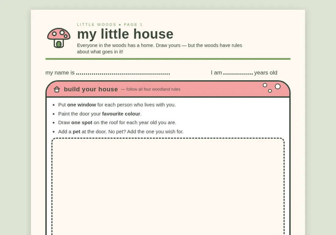 The Little Woods first-week packet, page one — my little house