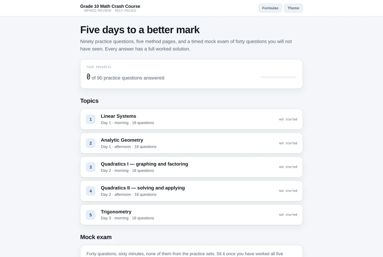 The self-paced version, showing the five topics laid out over a five-day plan with a progress tracker
