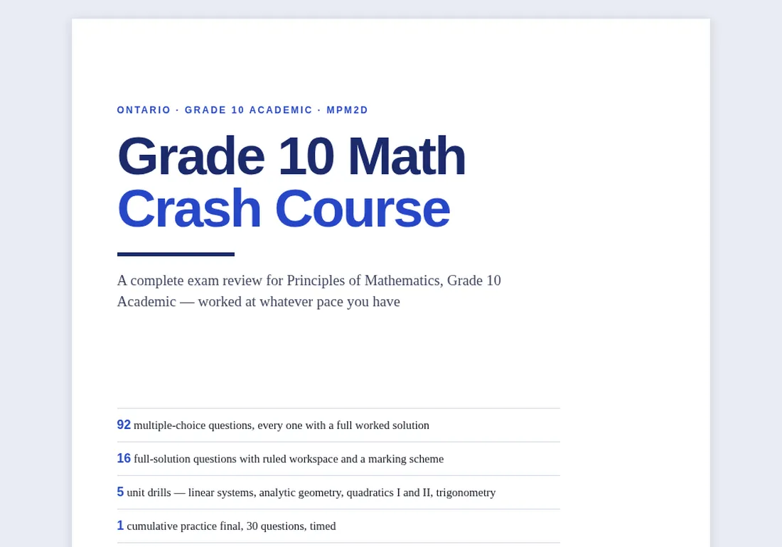 The Grade 10 Math Crash Course opening page, showing the five unit drills and the practice final