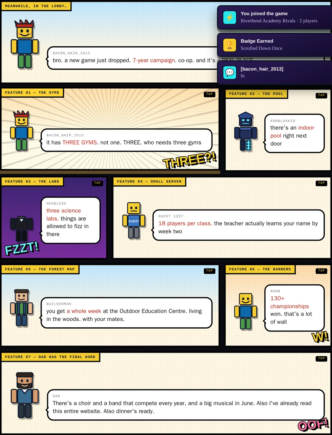 Seven comic panels of blocky avatars talking about the school in chat-speak