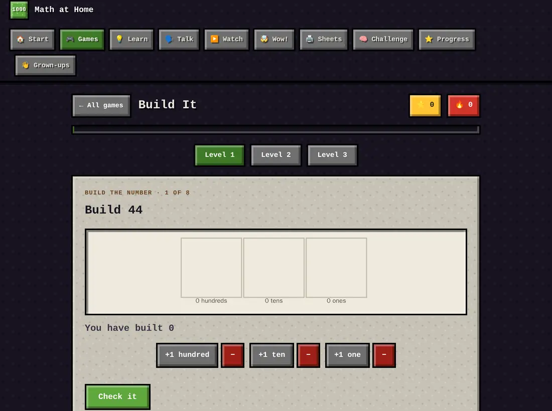 Build It, a place value game using base-ten blocks