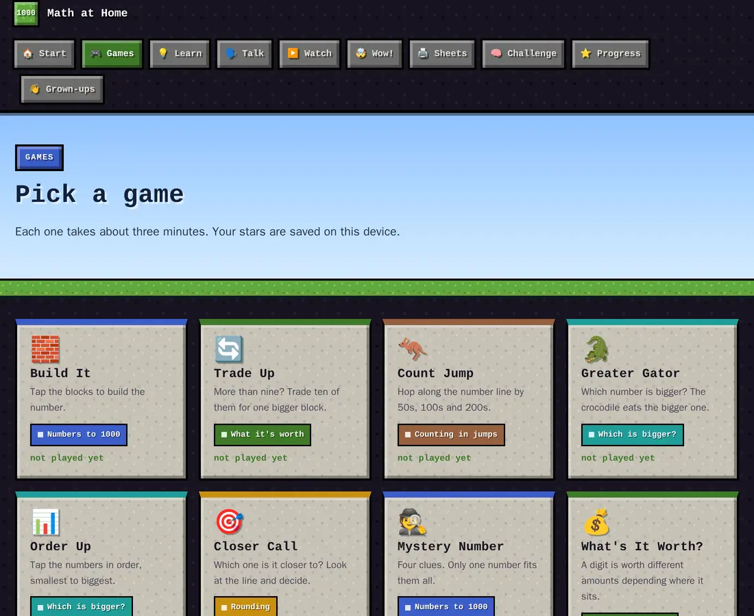 The games index for a Math at Home unit