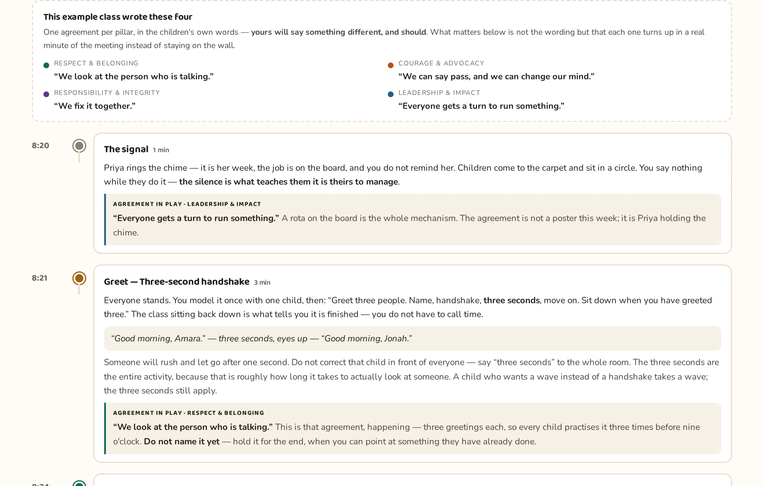 The fifteen-minute sample run-through, timed from 8:20, with a panel showing one example class agreement per pillar and each step naming the agreement it practises