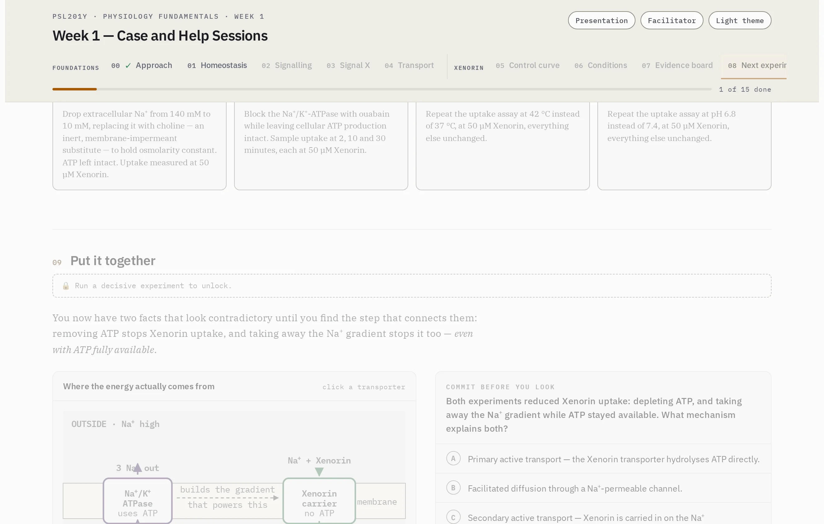 A dose-response chart for three cell types beside a commit panel asking which explanation accounts for Cell B’s results