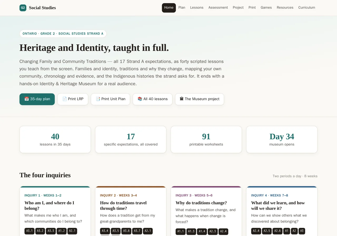 The Heritage and Identity home page: forty lessons in thirty-five days, all seventeen expectations, and the four inquiries