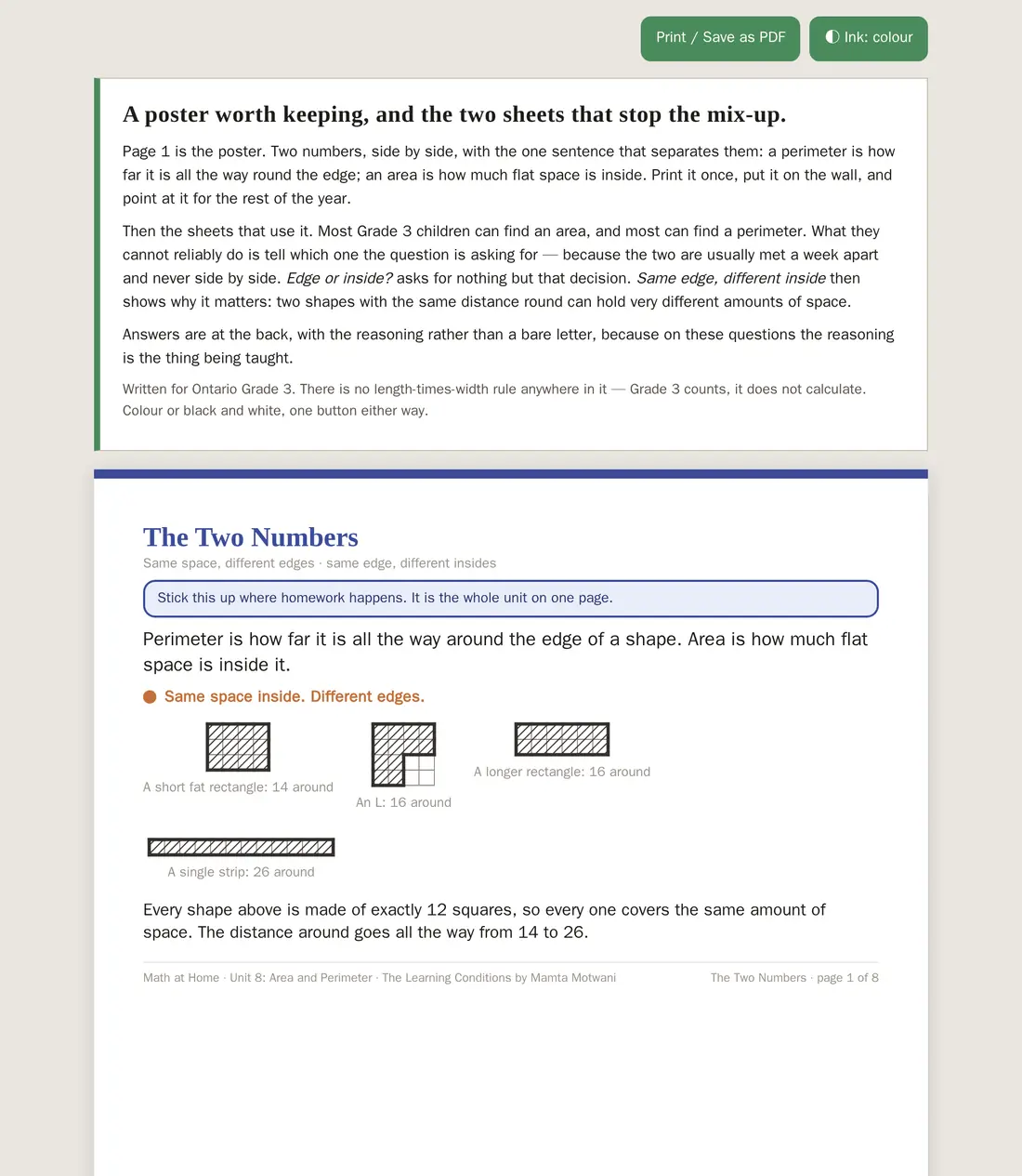 The area and perimeter poster and sorting sheets