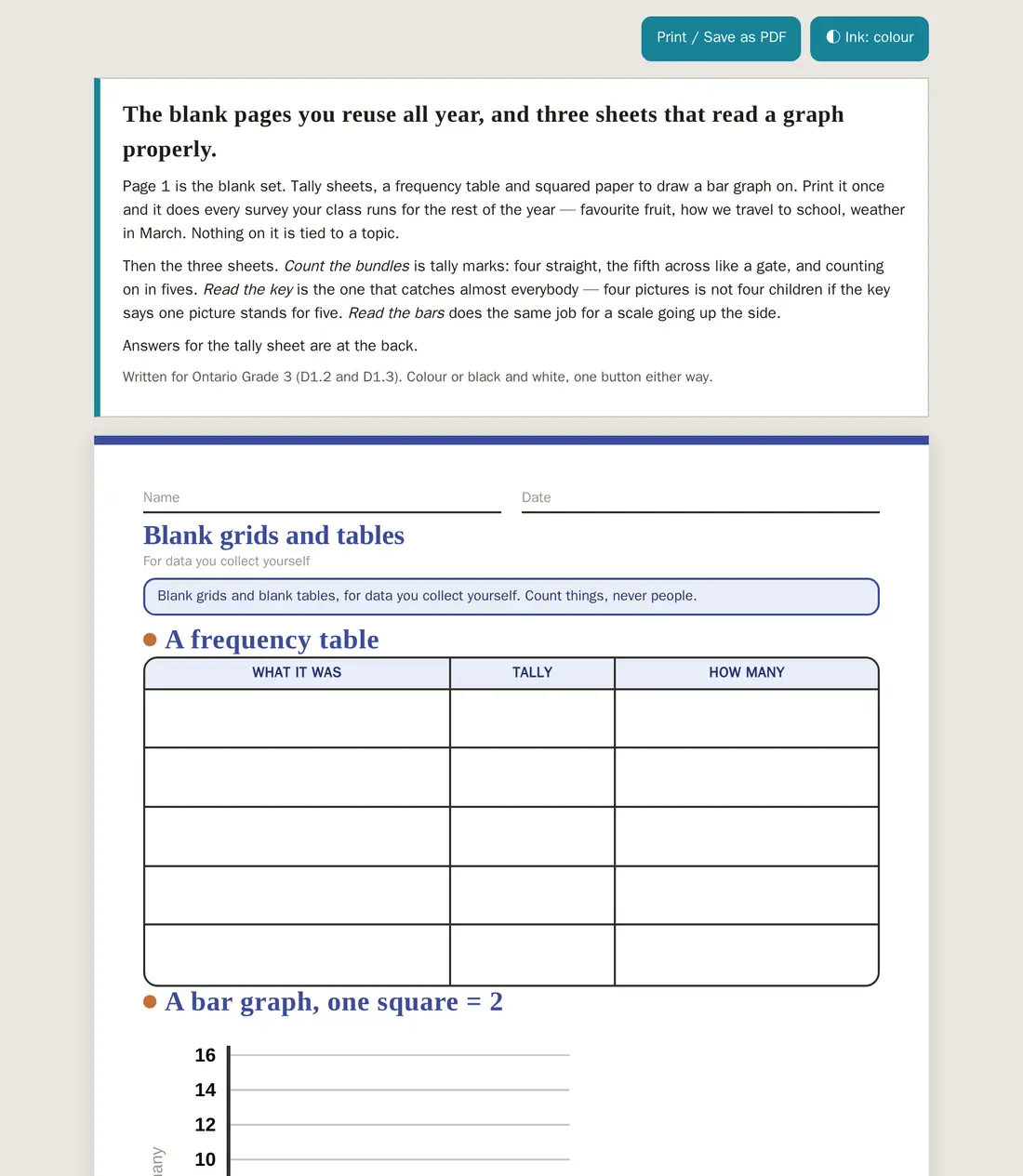 Tally, pictograph and bar graph starter set