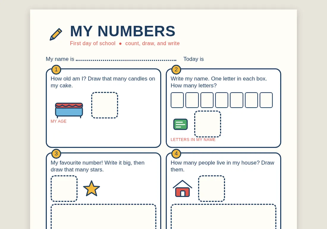 The My Numbers worksheet — six boxes a child fills in about themselves, with a number line