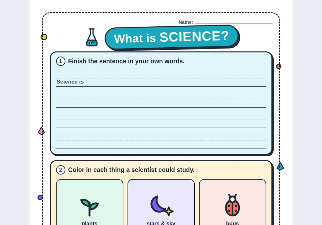 The What is Science? starter page, with a sentence to finish and things a scientist could study